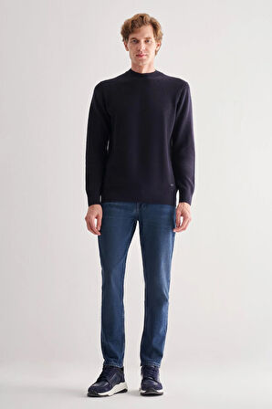 Koyu Lacivert Yarım Balıkçı Yaka Uzun Kol Cepsiz Comfort Fit Casual Pamuklu Triko Kazak 1012255203