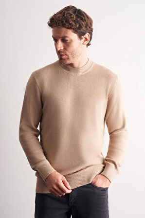 Koyu Bej Yarım Balıkçı Yaka Uzun Kol Cepsiz Comfort Fit Casual Pamuklu Triko Kazak 1012255203