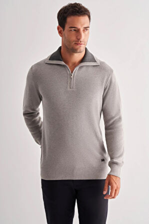 Gri Fermuarlı Yarım Balıkçı Uzun Kol Cepsiz Comfort Fit Casual Pamuklu Triko Kazak 1012255204