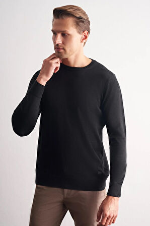 Siyah Bisiklet Yaka Uzun Kol Cepsiz Comfort Fit Classic Pamuklu Triko Kazak 1012255206