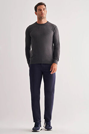 Füme Bisiklet Yaka Uzun Kol Cepsiz Comfort Fit Classic Pamuklu Triko Kazak 1012255206