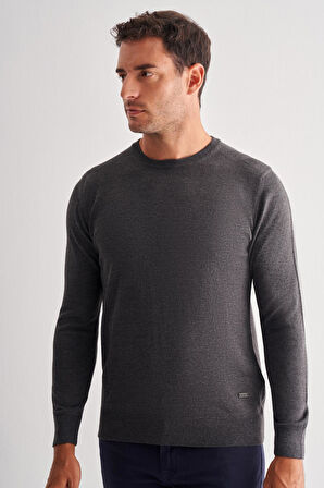 Füme Bisiklet Yaka Uzun Kol Cepsiz Comfort Fit Classic Pamuklu Triko Kazak 1012255206