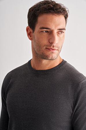 Füme Bisiklet Yaka Uzun Kol Cepsiz Comfort Fit Classic Pamuklu Triko Kazak 1012255206