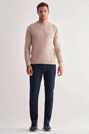 Açık Bej Bisiklet Yaka Uzun Kol Cepsiz Comfort Fit Classic Yünlü Triko Kazak 1012255207