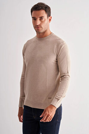 Açık Bej Bisiklet Yaka Uzun Kol Cepsiz Comfort Fit Classic Yünlü Triko Kazak 1012255207