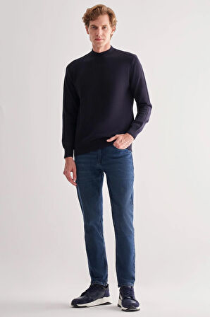 Koyu Lacivert Yarım Balıkçı Yaka Uzun Kol Cepsiz Comfort Fit Classic Pamuklu Triko Kazak 1012255208