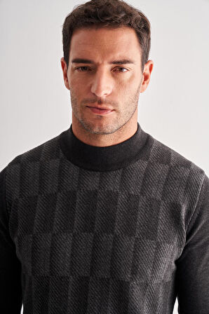 Koyu Antrasit Yarım Balıkçı Yaka Uzun Kol Cepsiz Comfort Fit Pamuklu Triko Kazak 1012255212