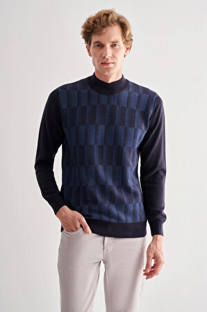 Koyu Lacivert Yarım Balıkçı Yaka Uzun Kol Cepsiz Comfort Fit Pamuklu Triko Kazak 1012255212