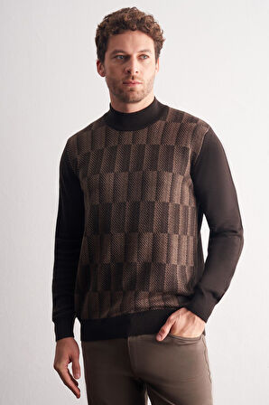 Koyu Kahverengi Yarım Balıkçı Yaka Uzun Kol Cepsiz Comfort Fit Pamuklu Triko Kazak 1012255212