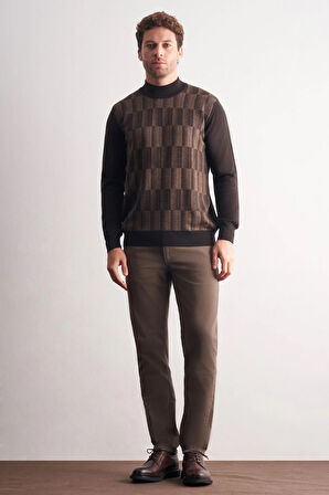 Koyu Kahverengi Yarım Balıkçı Yaka Uzun Kol Cepsiz Comfort Fit Pamuklu Triko Kazak 1012255212