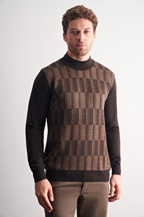 Koyu Kahverengi Yarım Balıkçı Yaka Uzun Kol Cepsiz Comfort Fit Pamuklu Triko Kazak 1012255212