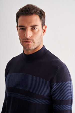 Koyu Lacivert Yarım Balıkçı Yaka Uzun Kol Cepsiz Comfort Fit Pamuklu Triko Kazak 1012255213