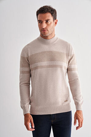 Bej Yarım Balıkçı Yaka Uzun Kol Cepsiz Comfort Fit Pamuklu Triko Kazak 1012255213