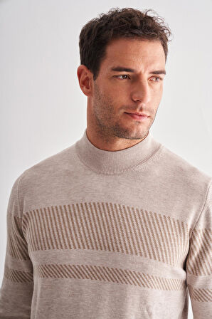 Bej Yarım Balıkçı Yaka Uzun Kol Cepsiz Comfort Fit Pamuklu Triko Kazak 1012255213