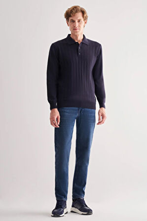 Koyu Lacivert Polo Yaka Uzun Kol Cepsiz Comfort Fit Pamuklu Triko Kazak 1012255214