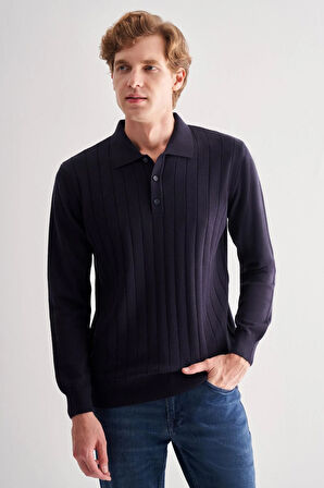 Koyu Lacivert Polo Yaka Uzun Kol Cepsiz Comfort Fit Pamuklu Triko Kazak 1012255214