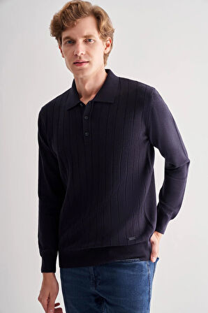 Koyu Lacivert Polo Yaka Uzun Kol Cepsiz Comfort Fit Pamuklu Triko Kazak 1012255214