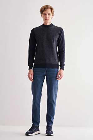 Koyu Lacivert Yarım Balıkçı Yaka Uzun Kol Cepsiz Comfort Fit Pamuklu Triko Kazak 1012255215