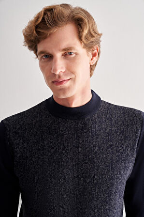 Koyu Lacivert Yarım Balıkçı Yaka Uzun Kol Cepsiz Comfort Fit Pamuklu Triko Kazak 1012255215