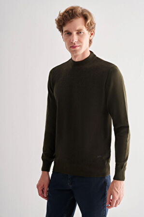 Haki Yarım Balıkçı Yaka Uzun Kol Cepsiz Comfort Fit Pamuklu Triko Kazak 1012255215