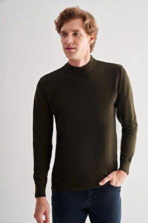 Haki Yarım Balıkçı Yaka Uzun Kol Cepsiz Comfort Fit Pamuklu Triko Kazak 1012255215