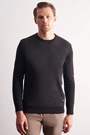 Siyah Bisiklet Yaka Uzun Kol Cepsiz Comfort Fit Pamuklu Triko Kazak 1012255216