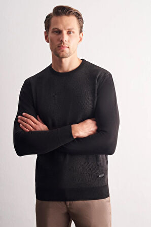 Siyah Bisiklet Yaka Uzun Kol Cepsiz Comfort Fit Pamuklu Triko Kazak 1012255216