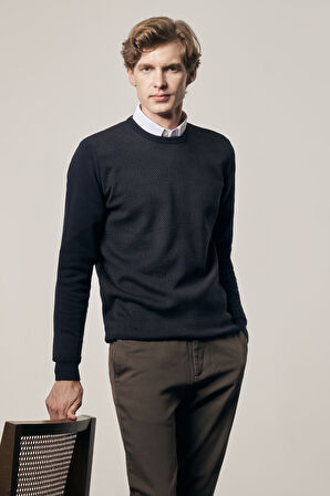 Koyu Lacivert Bisiklet Yaka Uzun Kol Cepsiz Comfort Fit Pamuklu Triko Kazak 1012255216