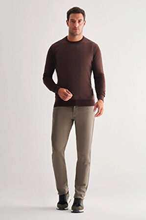 Koyu Kahverengi Bisiklet Yaka Uzun Kol Cepsiz Comfort Fit Pamuklu Triko Kazak 1012255216