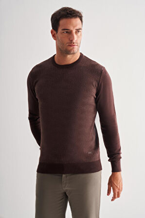 Koyu Kahverengi Bisiklet Yaka Uzun Kol Cepsiz Comfort Fit Pamuklu Triko Kazak 1012255216