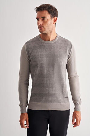 Açık Gri Bisiklet Yaka Uzun Kol Cepsiz Comfort Fit Pamuklu Triko Kazak 1012255217