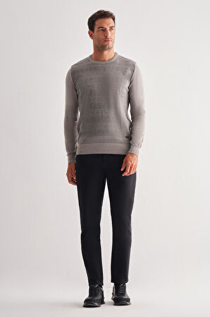 Açık Gri Bisiklet Yaka Uzun Kol Cepsiz Comfort Fit Pamuklu Triko Kazak 1012255217