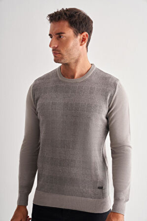 Açık Gri Bisiklet Yaka Uzun Kol Cepsiz Comfort Fit Pamuklu Triko Kazak 1012255217