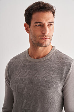 Açık Gri Bisiklet Yaka Uzun Kol Cepsiz Comfort Fit Pamuklu Triko Kazak 1012255217