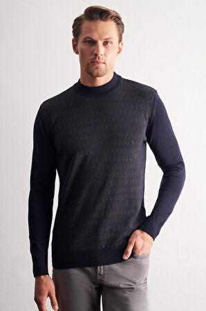 Koyu Lacivert Yarım Balıkçı Yaka Uzun Kol Cepsiz Comfort Fit Pamuklu Triko Kazak 1012255219