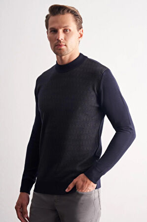 Koyu Lacivert Yarım Balıkçı Yaka Uzun Kol Cepsiz Comfort Fit Pamuklu Triko Kazak 1012255219