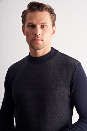 Koyu Lacivert Yarım Balıkçı Yaka Uzun Kol Cepsiz Comfort Fit Pamuklu Triko Kazak 1012255219