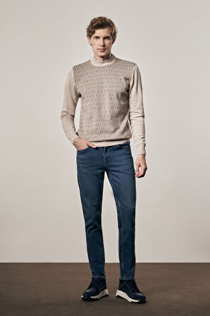 Bej Yarım Balıkçı Yaka Uzun Kol Cepsiz Comfort Fit Pamuklu Triko Kazak 1012255219