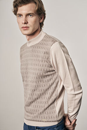 Bej Yarım Balıkçı Yaka Uzun Kol Cepsiz Comfort Fit Pamuklu Triko Kazak 1012255219