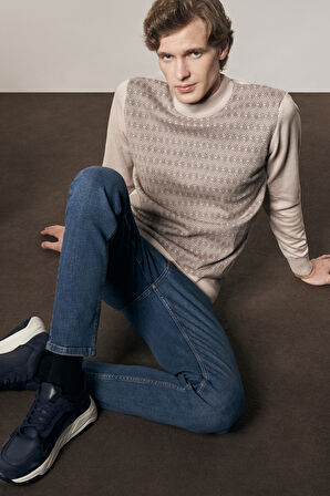 Bej Yarım Balıkçı Yaka Uzun Kol Cepsiz Comfort Fit Pamuklu Triko Kazak 1012255219