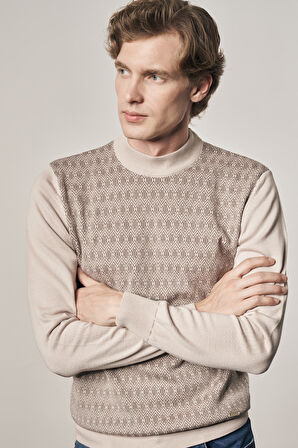 Bej Yarım Balıkçı Yaka Uzun Kol Cepsiz Comfort Fit Pamuklu Triko Kazak 1012255219