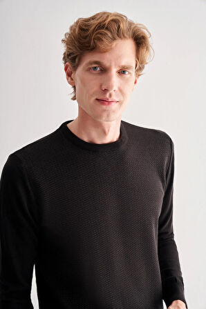 Siyah Bisiklet Yaka Uzun Kol Cepsiz Comfort Fit Pamuklu Triko Kazak 1012255220