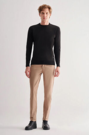 Siyah Bisiklet Yaka Uzun Kol Cepsiz Comfort Fit Pamuklu Triko Kazak 1012255220