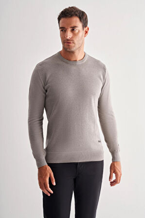 Açık Gri Bisiklet Yaka Uzun Kol Cepsiz Comfort Fit Pamuklu Triko Kazak 1012255220