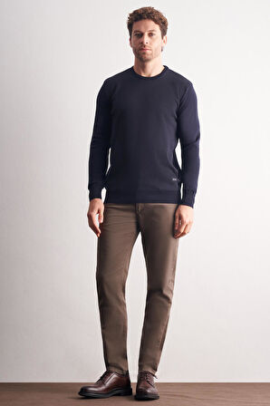 Koyu Lacivert Bisiklet Yaka Uzun Kol Cepsiz Comfort Fit Pamuklu Triko Kazak 1012255220