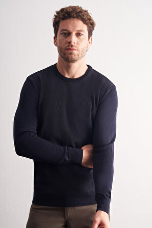 Koyu Lacivert Bisiklet Yaka Uzun Kol Cepsiz Comfort Fit Pamuklu Triko Kazak 1012255220