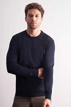 Koyu Lacivert Bisiklet Yaka Uzun Kol Cepsiz Comfort Fit Pamuklu Triko Kazak 1012255220