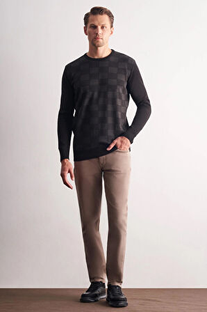 Siyah Bisiklet Yaka Uzun Kol Cepsiz Comfort Fit Pamuklu Triko Kazak 1012255221