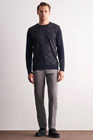 Koyu Lacivert Bisiklet Yaka Uzun Kol Cepsiz Comfort Fit Pamuklu Triko Kazak 1012255221