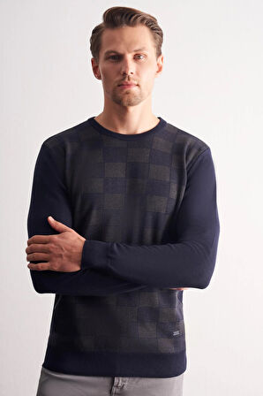 Koyu Lacivert Bisiklet Yaka Uzun Kol Cepsiz Comfort Fit Pamuklu Triko Kazak 1012255221